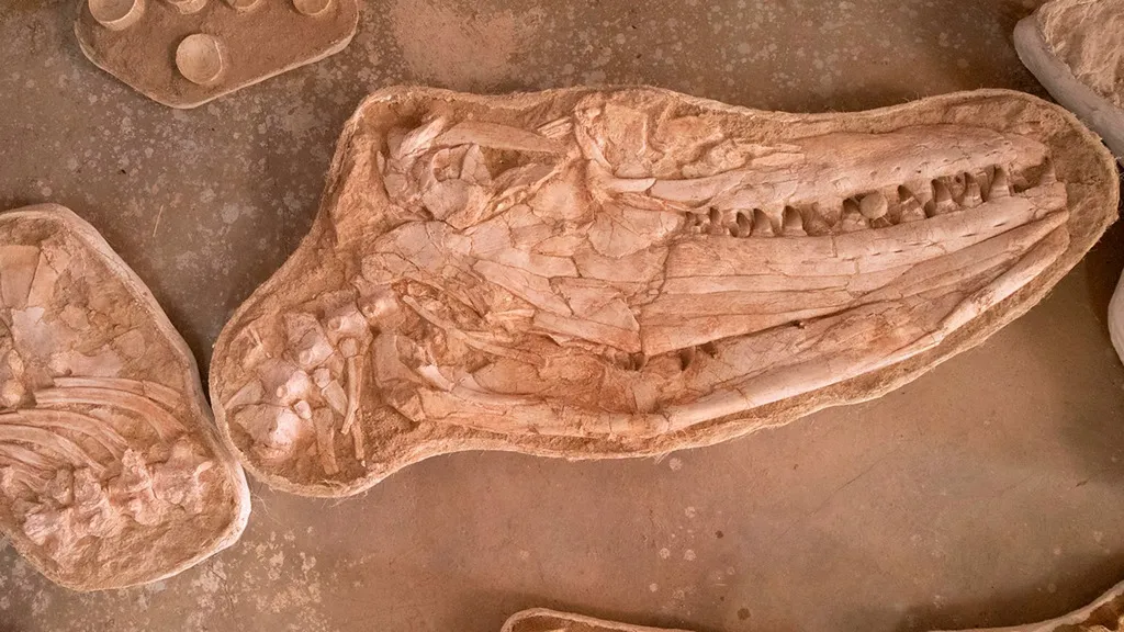 Fóssil do crânio de um Thalassotitan atrox, mosassauro encontrado e descrito no Marrocos (Imagem: University of Bath/Reprodução)