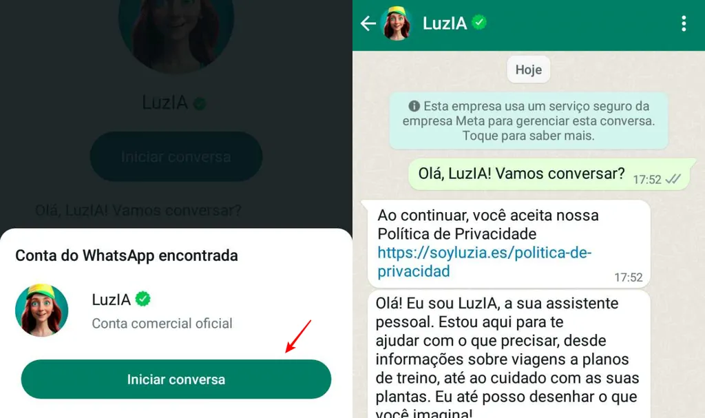 Você pode conversar com a inteligência artificial LuzIA diretamente no seu WhatsApp (Imagem: Captura de tela/Fabrício Calixto/Canaltech)
