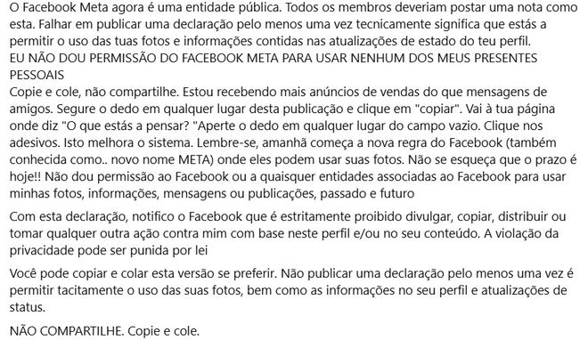Post com informação falsa no Facebook