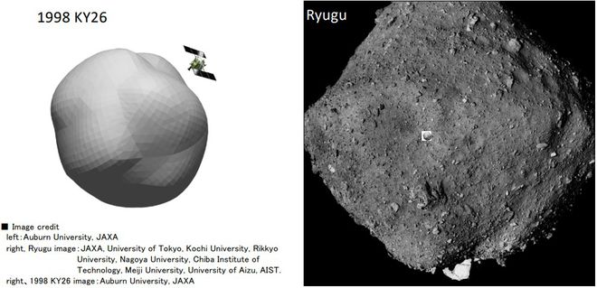 À esquerda, simulação do asteroide 1998 KY26; à direita, o Ryugu (Imagem: Reprodução/JAXA)