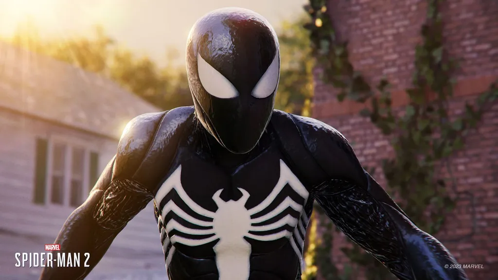 Homem-Aranha com o uniforme preto em Spider-Man 2 para PlayStation 5 (Imagem: Reprodução/Sony)