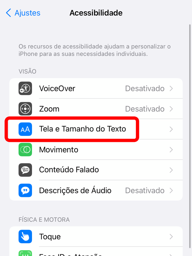 Entre na seção "Tela e Tamanho do Texto" nos ajustes do iOS - Captura de tela: Thiago Furquim (Canaltech)