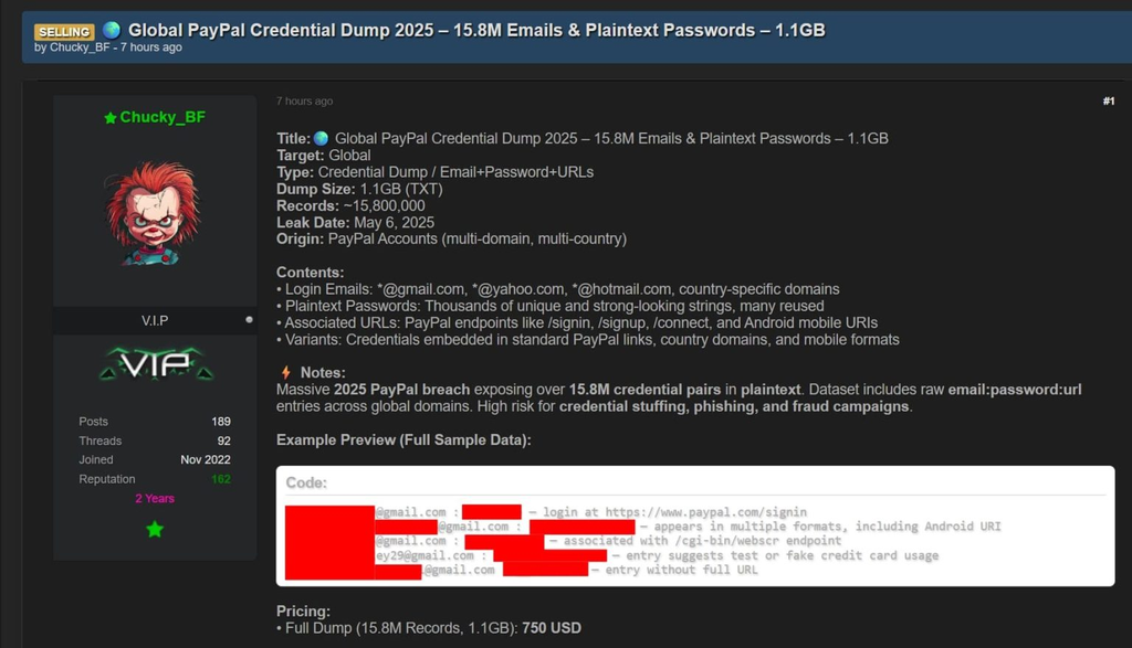O hacker Chucky_BF afirma ter mais de 1 GB de arquivo de texto com credenciais de acesso ao PayPal — até o momento, não se sabe a veracidade das informações (Imagem: Hackreads.com)