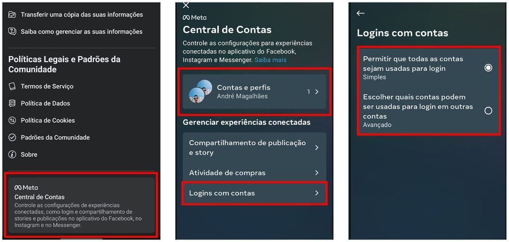 Acesse a Central de Contas para vincular o login de Instagram e Facebook (Captura de tela: André Magalhães)