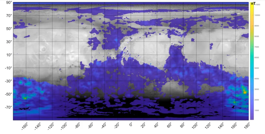 Mapa com previsões do campo magnético de Marte (Imagem: Reprodução/NYUAD/Mars Hope)