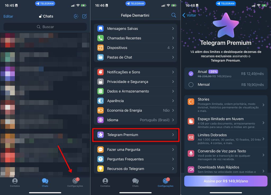 Nos celulares com Android e iOS, a assinatura do Telegram Premium pode ser feita pelo menu de configurações do mensageiro (Imagem: Captura de tela/Felipe Demartini/Canaltech)