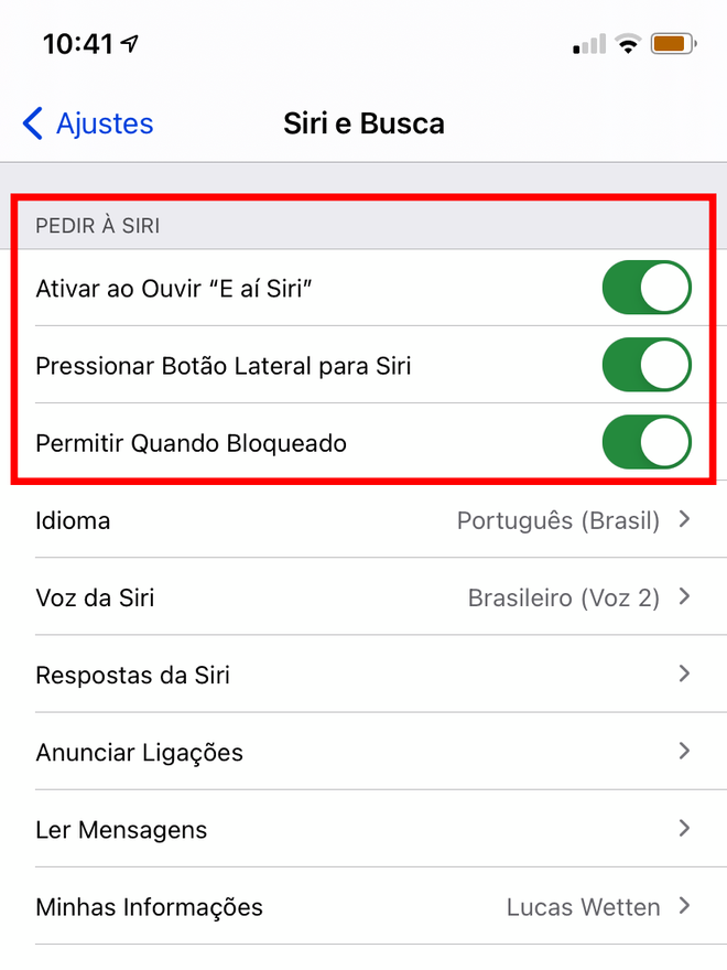 Ative a Siri e ajuste as permissões conforme suas preferências. Captura de tela: Lucas Wetten (Canaltech)