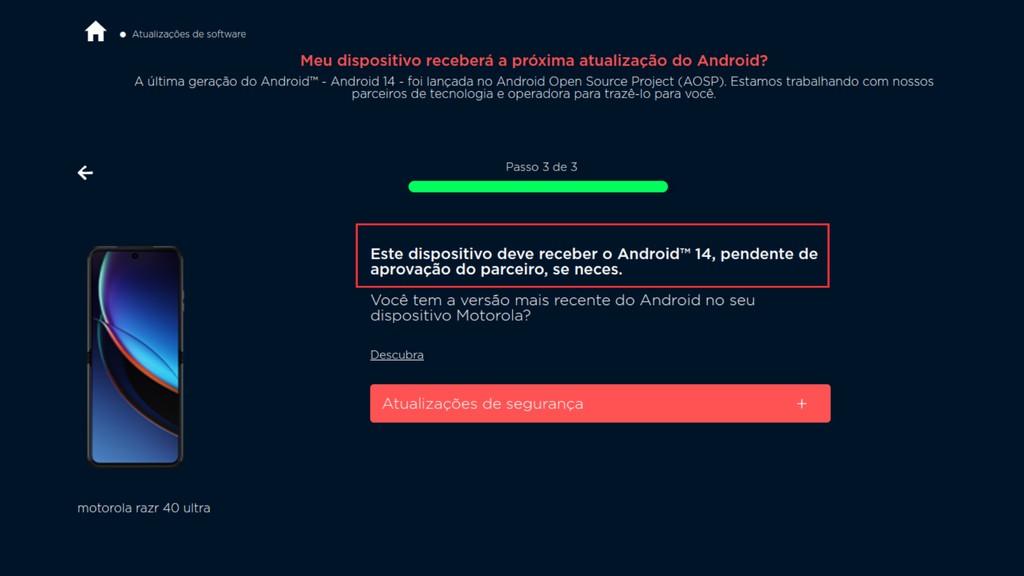 Captura de tela do site da Motorola com a informação de que o Motorola Razr 40 Ultra deve ser atualizado para o Android 14