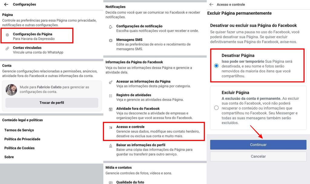 É possível desativar uma página no Facebook Lite (Imagem: Captura de tela/Fabrício Calixto/Canaltech)