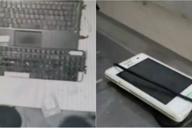 O celular foi deixado junto com o carregador depois que os ladrões ativaram o alarme sem querer