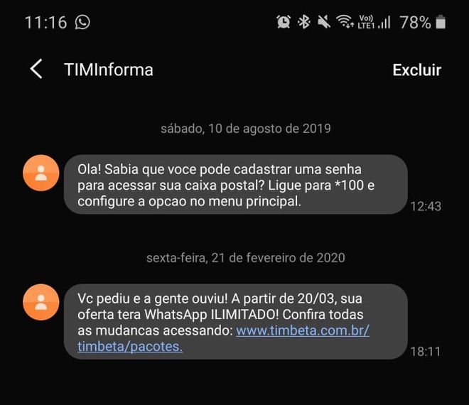TIM avisa clientes sobre mudanças no plano Beta via SMS (Reprodução)
