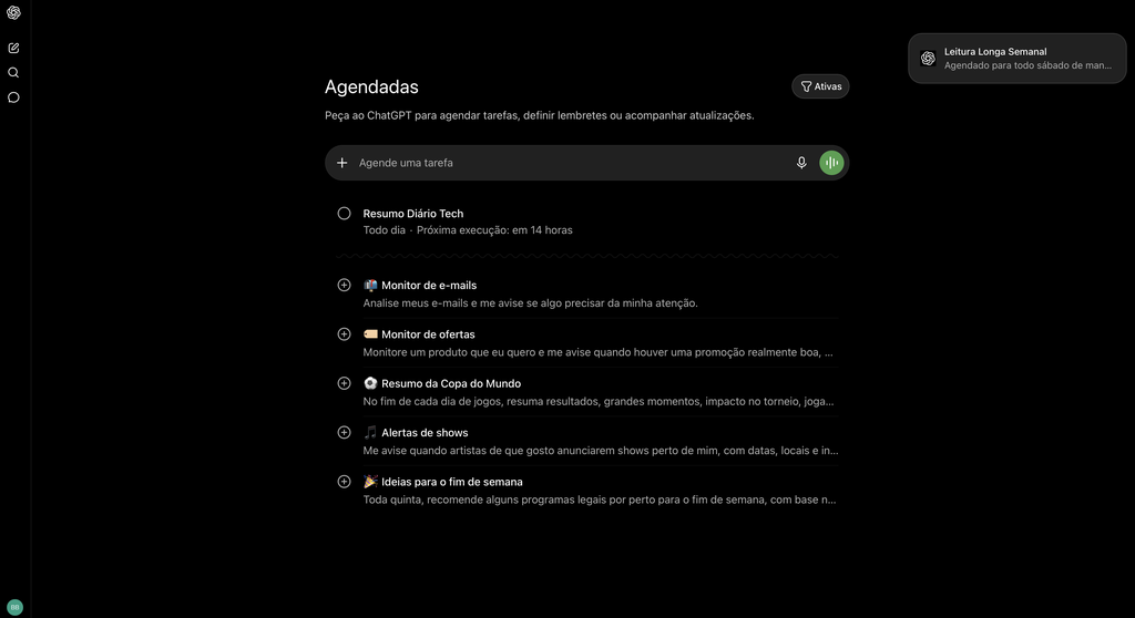 ChatGPT ganha recurso para agendar tarefas (Imagem: Captura de tela/Bruno De Blasi/Canaltech)