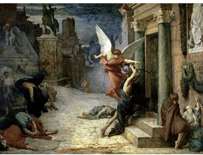 O Anjo da Morte golpeia a porta de Roma (por Jules-Élie Delaunay, obra restaurada digitalmente)