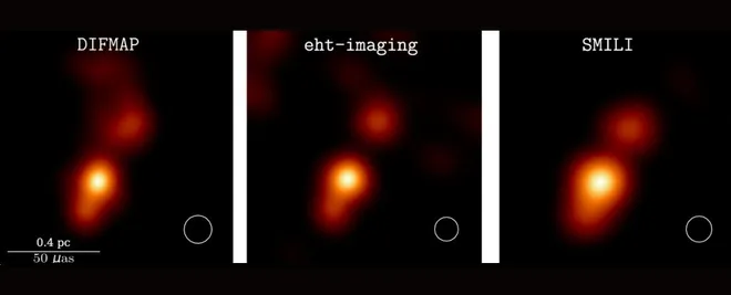 Três das imagens do EHT usando diferentes software de processamento (Imagem: Reprodução/Jorstad et al./ApJL)