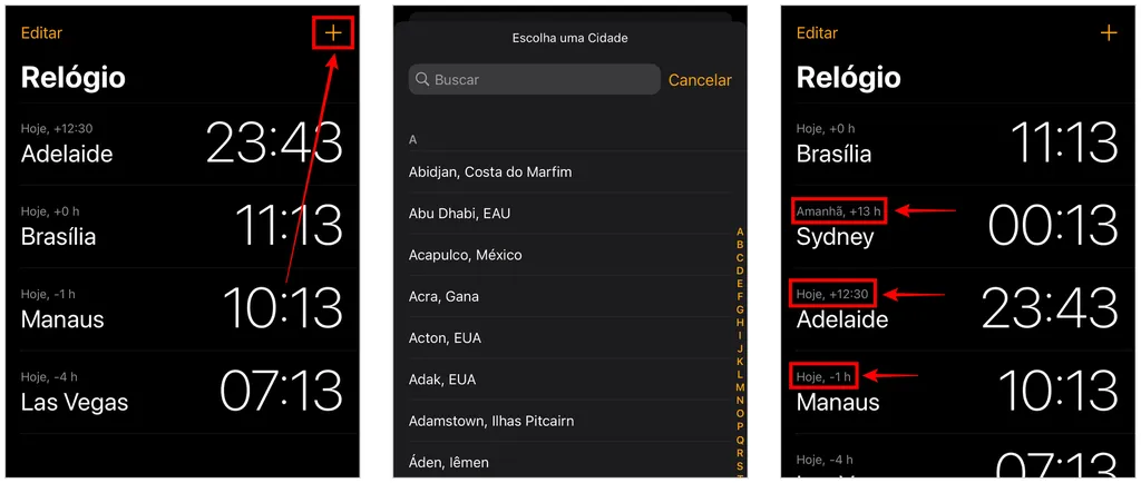 App Relógio no iPhone permite adicionar fusos horários de países diferentes (Captura de tela: Caio Carvalho)