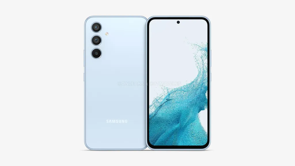 Galaxy A54 5G terá design plano, lentes soltas na tampa posterior e furo no centro da tela para câmera frontal (Imagem: OnLeaks/91Mobiles)