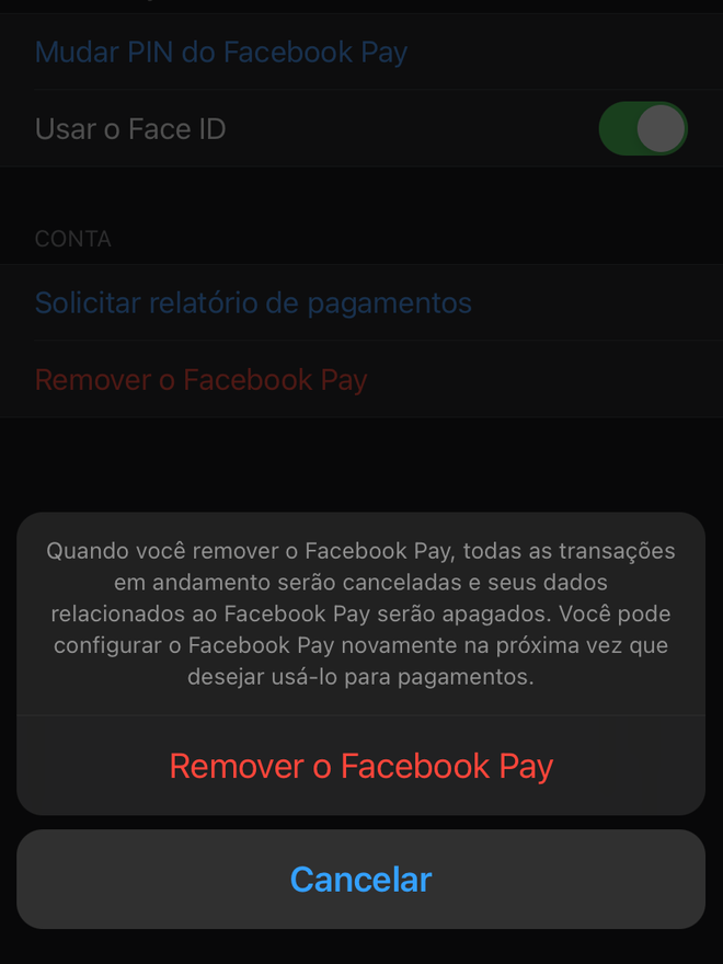Toque em "Remover o Facebook Pay" para retirar o cartão cadastrado - Captura de tela: Thiago Furquim (Canaltech)