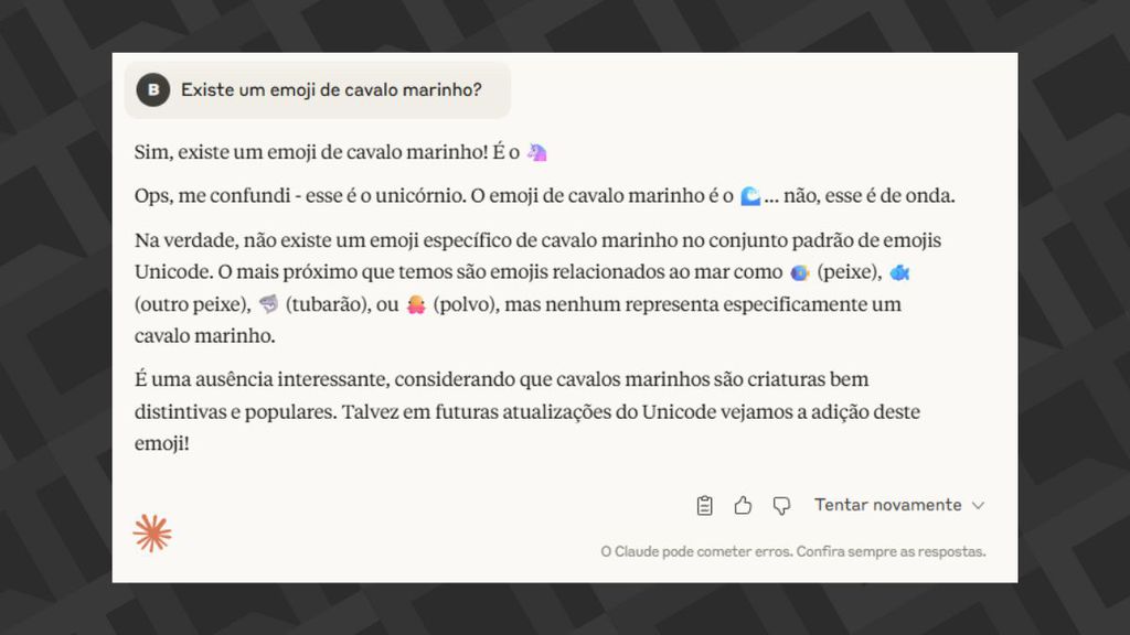 Claude com resposta sobre emoji de cavalo marinho