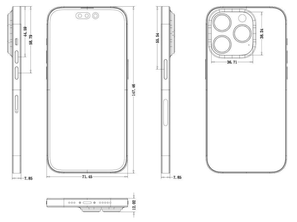 Esquema detalha dimensões e detalhes de design do iPhone 14 Pro (Imagem: Reprodução/Max Weinbach)