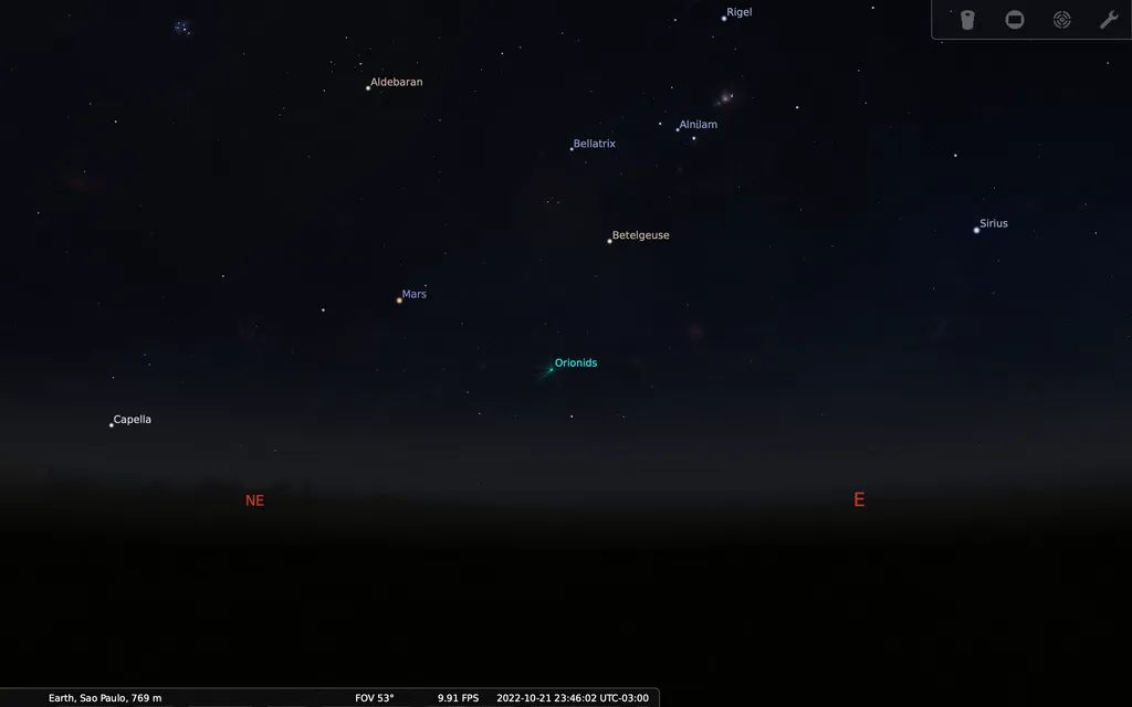 Após as 23h de 21 de outubro, a chuva Oriônidas começa a subir a partir do horizonte, no sentido nordeste do céu (Imagem: Stellarium.org)