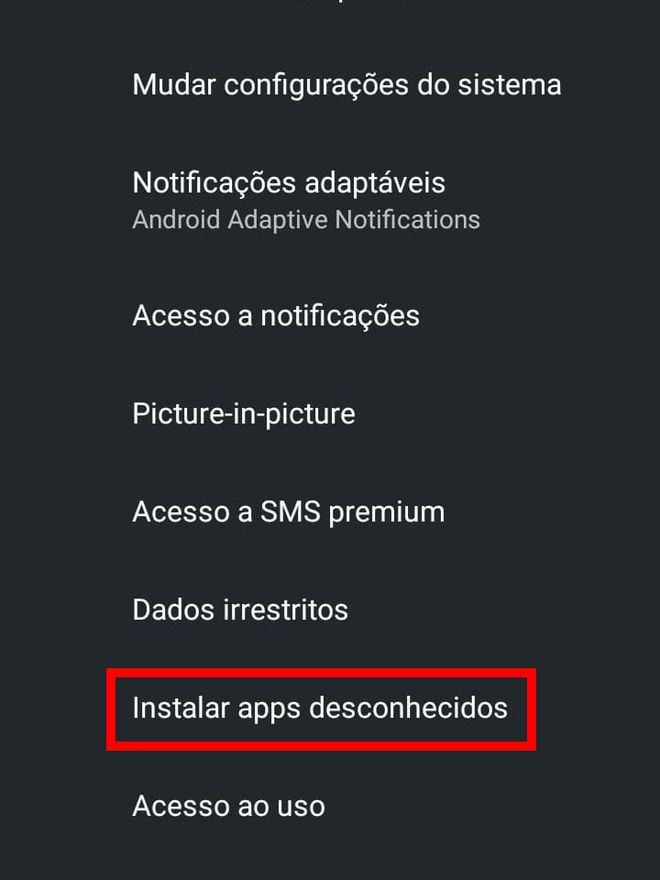 Na aba seguinte, selecione "Instalar apps desconhecidos" (Captura de tela: Matheus Bigogno)