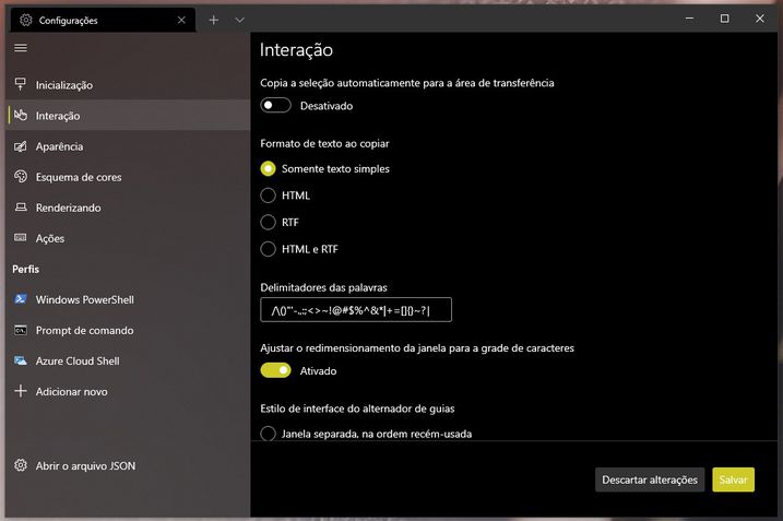 Windows Terminal configurações 1.7