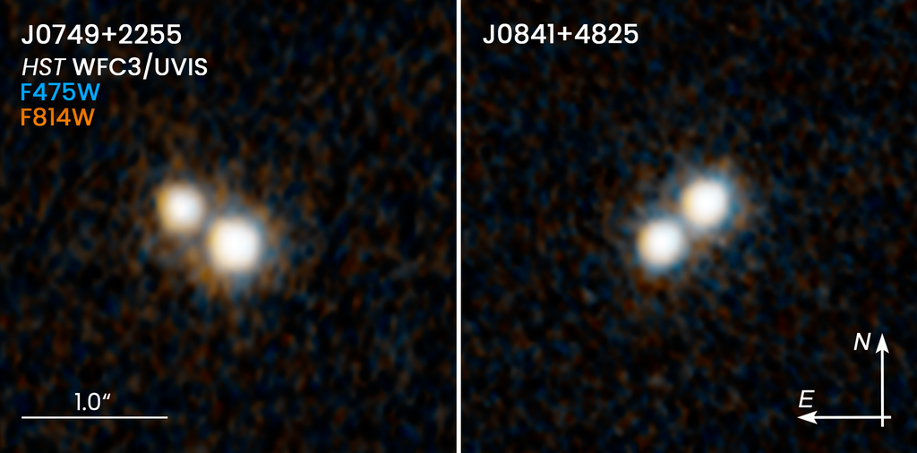 À esquerda, a dupla de quaseres catalogada como J0749 + 2255 e, à direta, a dupla como J0841 + 4825 (Imagem: Reprodução/NASA/ESA/H. Hwang/N. Zakamska/Y. Shen)