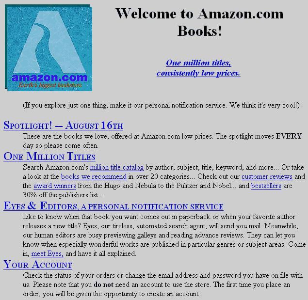 Primeiro layout do site da Amazon, de 1994 (Imagem: Divulgação / Amazon)