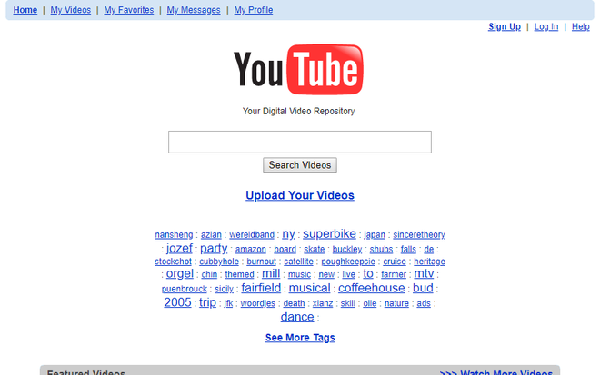 O YouTube estreou na internet em 2005 (Imagem: Reprodução/Web Design Museum)