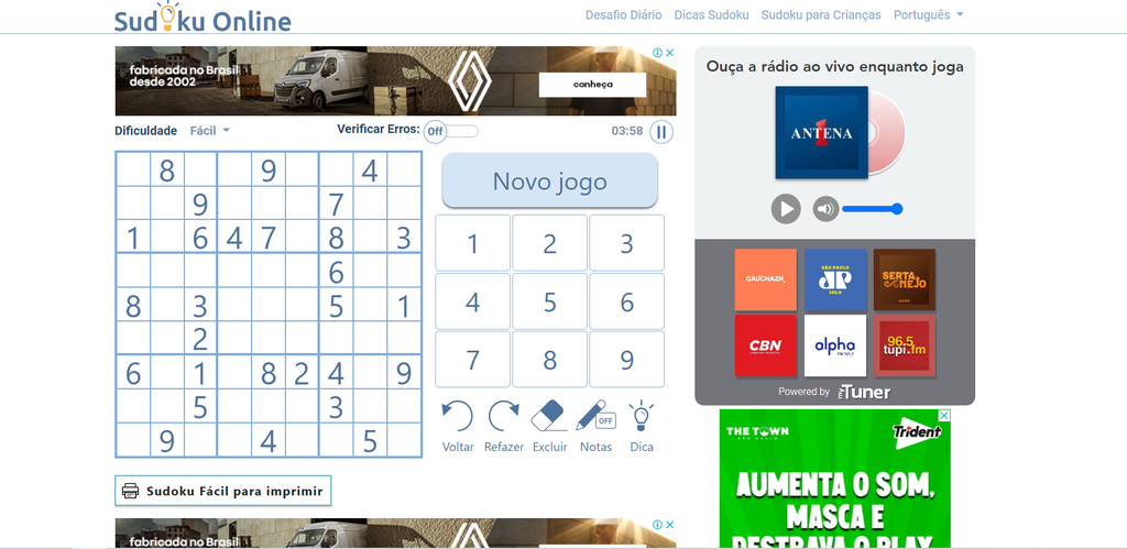 O Sudoku.io pode agradar “apressadinhos” que preferem pular as configurações de partida e ir logo para a ação (Imagem: Captura de tela/Fabrício Calixto/Canaltech)