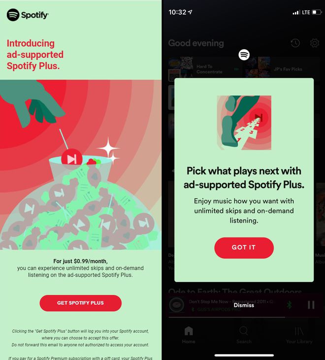 O Spotify Plus apareceu como oferta para um número limitado de usuários e permite escolher a música que vai tocar, mas ainda com propagandas (Imagem: Reprodução/The Verge)