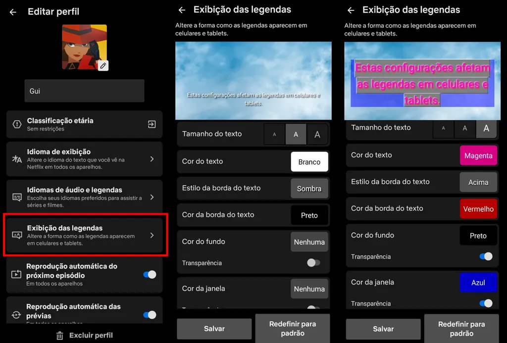 Há opções extras de estilos de legendas pelo perfil da Netflix no celular ou computador (Imagem: Captura de tela/Guilherme Haas/Canaltech)