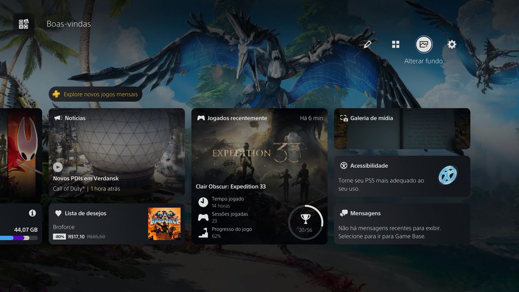 O novo plano de fundo pode ser acessado na tela de Boas Vindas > Alterar Fundo (Imagem: Sony/Captura de Tela/Lillian)