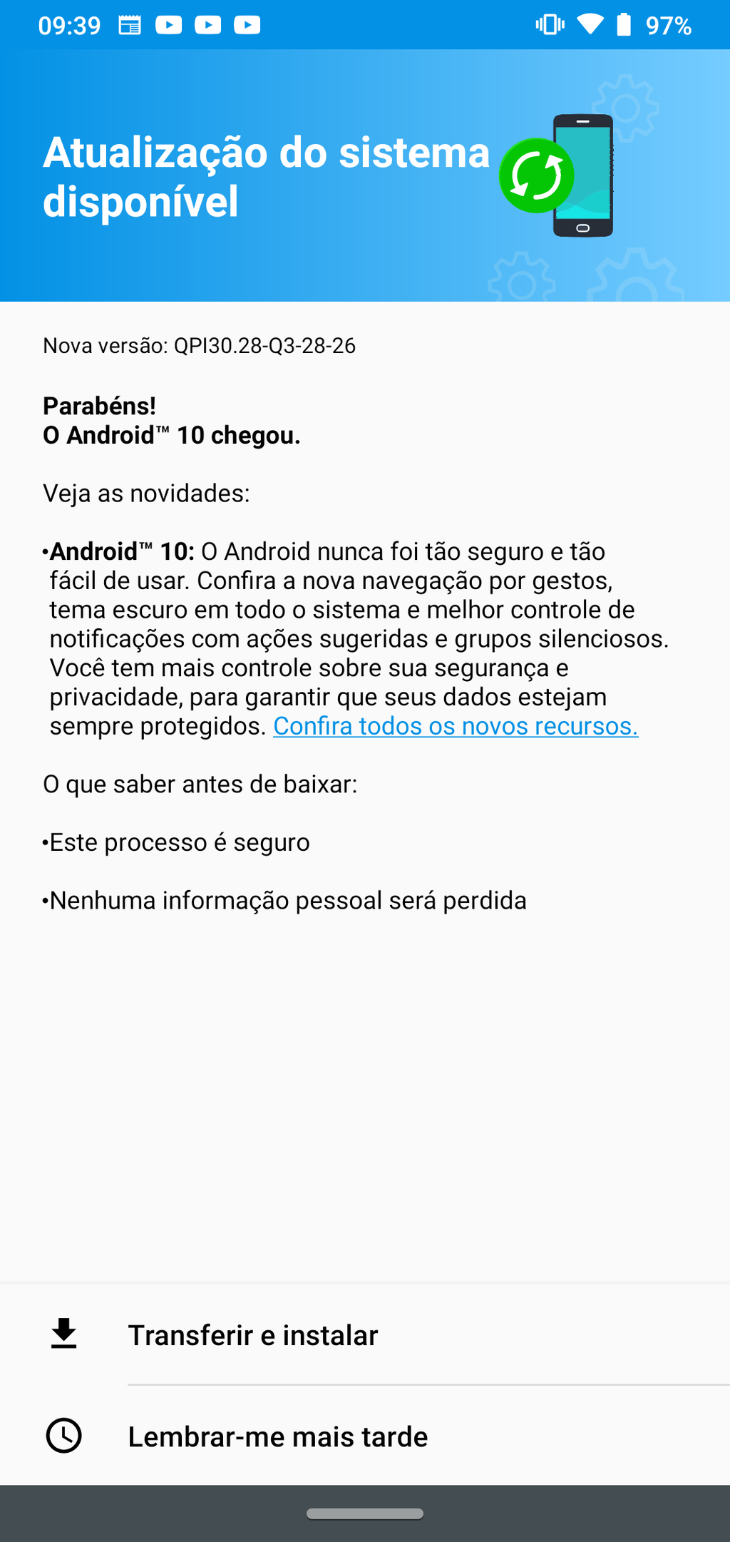 Notificação do Android 10 no Moto G8 Plus (Imagem: Felipe Junqueira/Captura de tela)