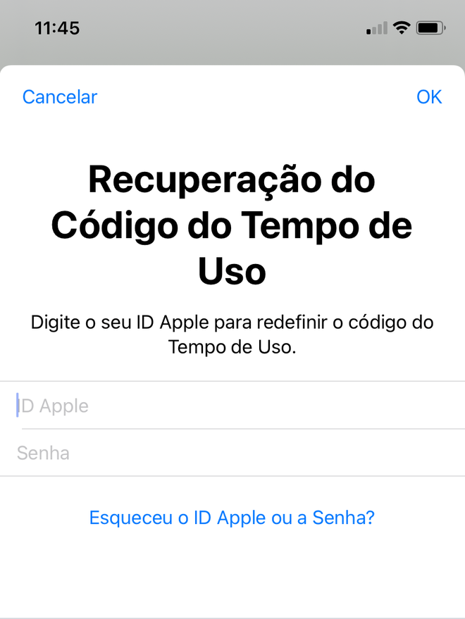 Para redefinir o código, digite o login e senha do ID Apple - Captura de tela: Thiago Furquim (Canaltech)