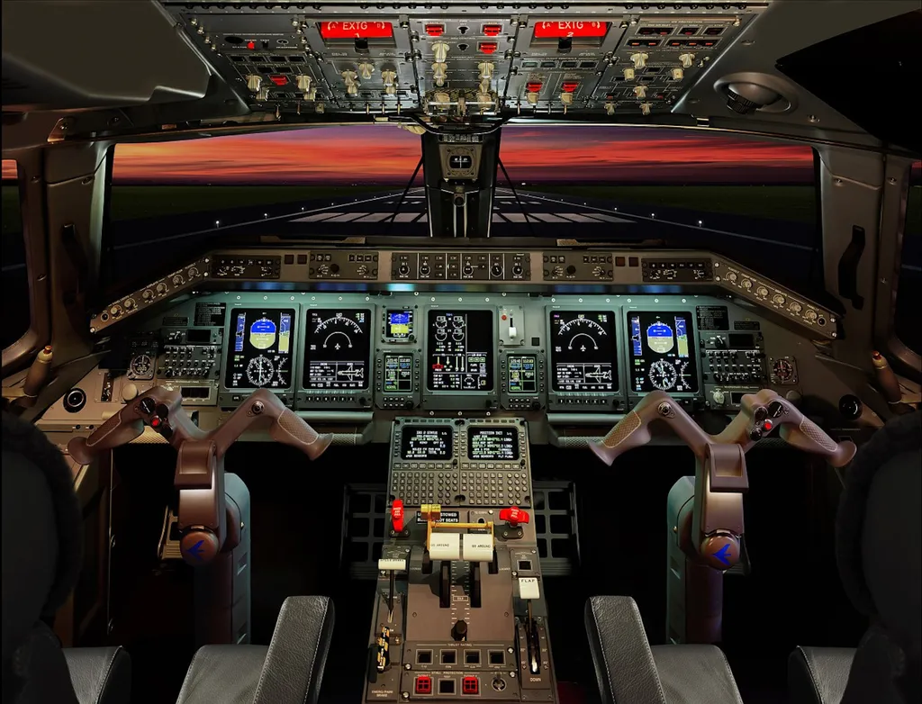 Cabine de jato comercial da Embraer é o "escritório" do piloto e do co-piloto (Imagem: Divulgação/Embraer)