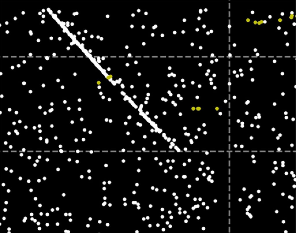 Exemplo da sequência de fótons refletidos pelos detritos (Imagem: Universität Bern / Université de Bern / University of Bern, AIUB)
