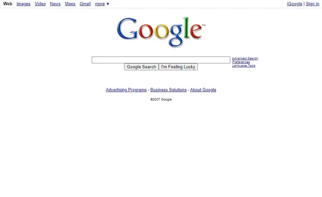 O Google criou um menu no topo da página em 2007 (Imagem: Reprodução/Web Design Museum)