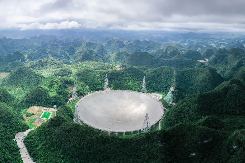 O radiotelescópio FAST tem 500 metros de diâmetro, localizado no sudoeste da China (Imagem: Reprodução/ Ou Dongqu/Xinhua)