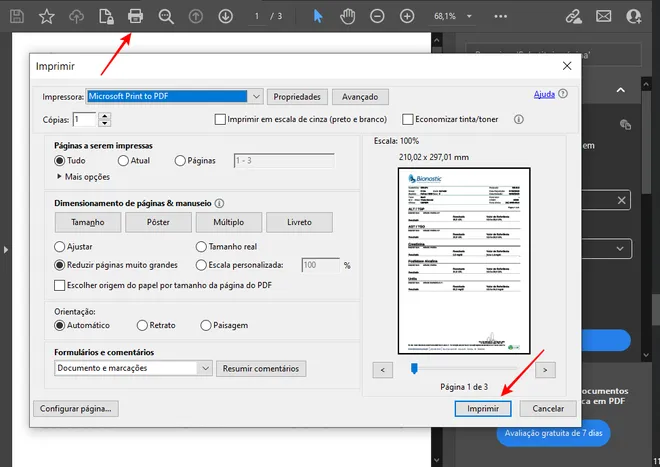 O PDF oferece uma ferramenta para imprimir documentos em sua barra superior (Imagem: Captura de tela/Fabrício Calixto/Canaltech)