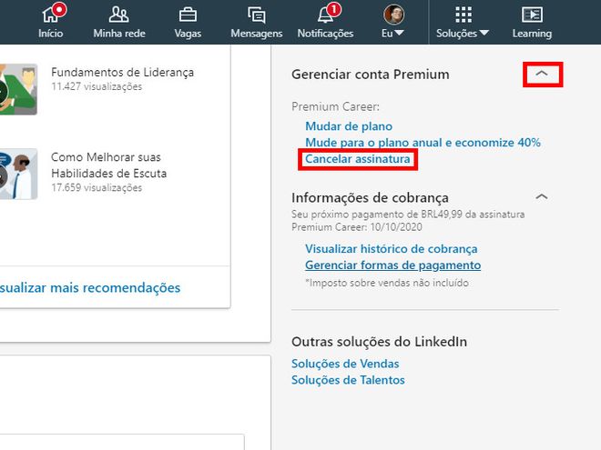 No menu lateral, expanda a seção "Gerenciar conta Premium" e clique em "Cancelar assinatura" (Captura de tela: Matheus Bigogno)