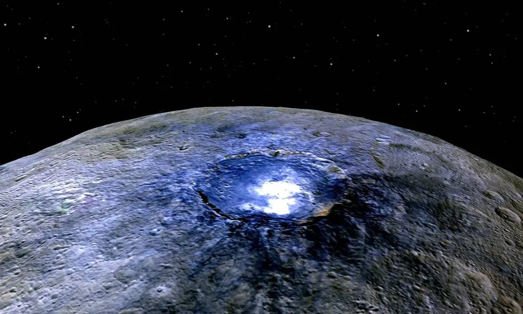 Existem muitas crateras de impacto, depósitos de sal e carbonatos em Ceres (Imagem: Reprodução/NASA)