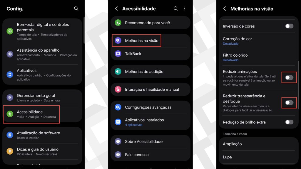 Passos para reduzir animações, desfoques e transparência no Samsung Galaxy