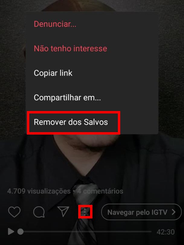Para remover um vídeo da lista, clique no ícone de "Três pontos" e, em seguida, em "Remover dos Salvos" (Captura de tela: Matheus Bigogno)