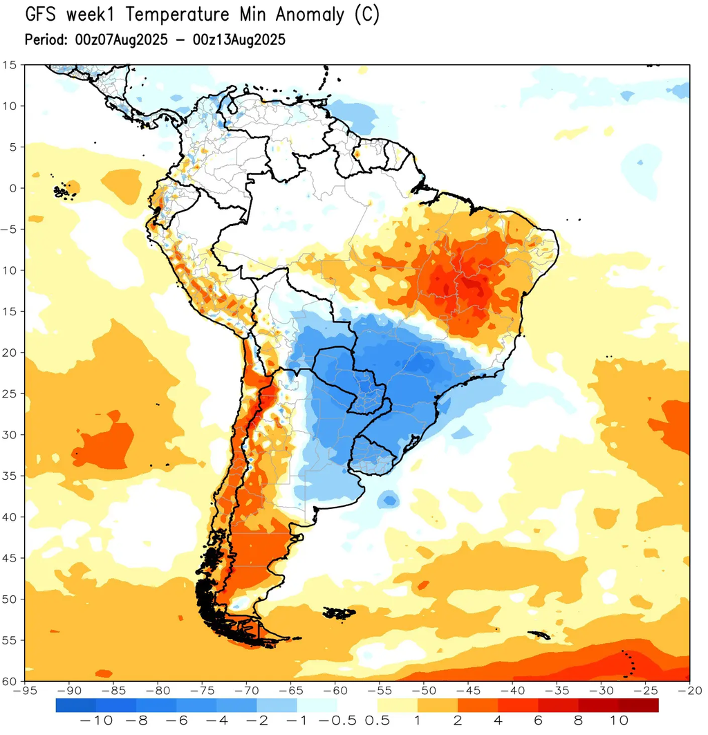 Projeção de modelo norte-americano mostra as áreas afetadas pelo frio nesta semana de agosto, com possibilidade de temperaturas negativas (Imagem: NOAA/Domínio Público)