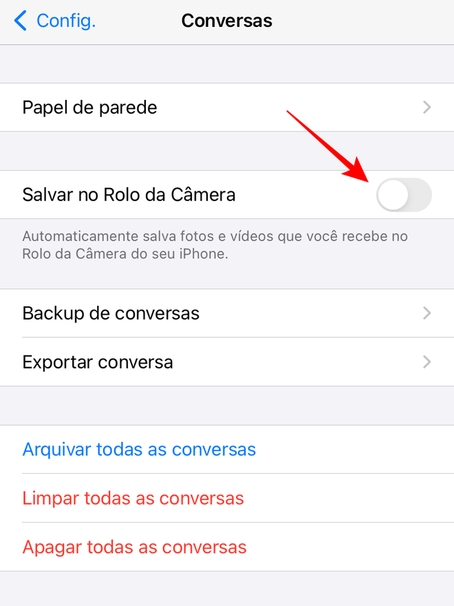 Toque no seletor para desativar o padrão de salvamento automático do WhatsApp. (Captura de tela: Thiago Furquim/Canaltech)