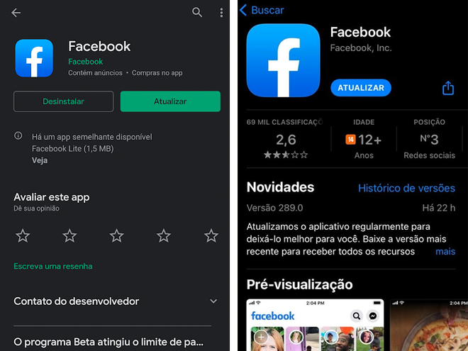 Atualize o Facebook nas respectivas lojas de aplicativos (Imagem: André Magalhães/Captura de tela)