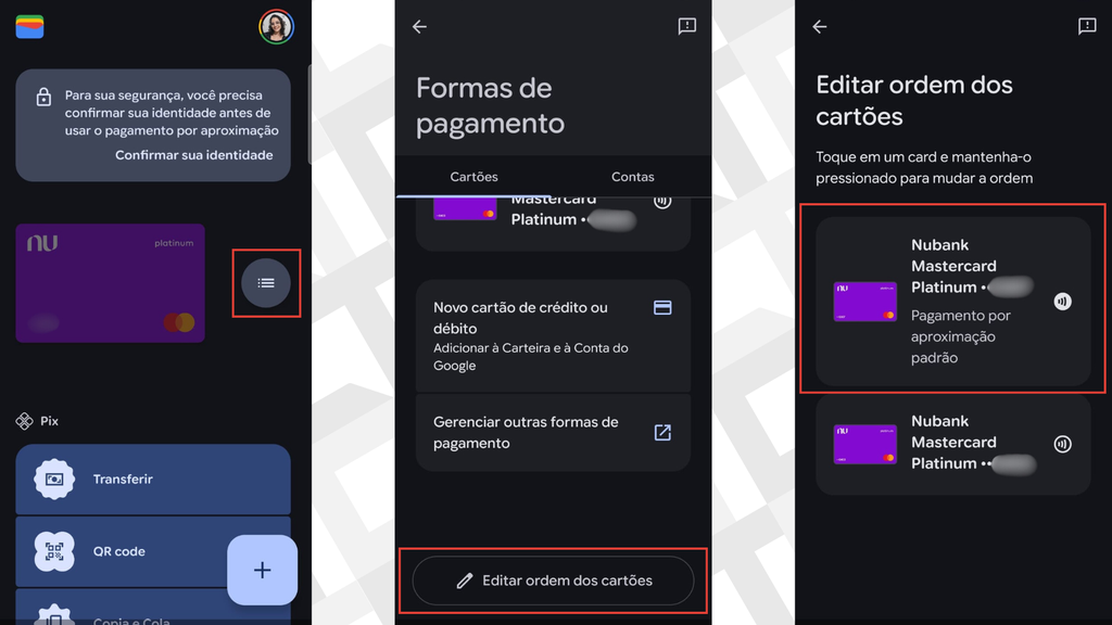 Passos para trocar ordem dos cartões na Carteira do Google