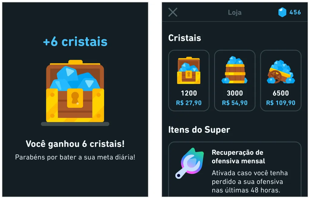 Cristais, ou Lingots, são a moeda in-game do Duolingo para desbloquear recompensas (Captura de tela: Caio Carvalho)