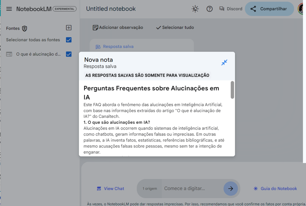 Após enviar as fontes, NotebookLM cria resumos rápidos e seção de perguntas e respostas (Imagem: Captura de tela/André Magalhães/Canaltech)